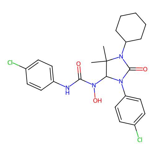 3-(4-chlorophenyl)-1-[3-(4-chlorophenyl)-1-cyclohexyl-5,5-dimethyl-2-oxoimidazolidin-4-yl]-1-hydroxyurea structure