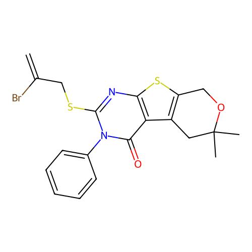 2-((2-bromoallyl)thio)-6,6-dimethyl-3-phenyl-5,6-dihydro-3H-pyrano[4',3':4,5]thieno[2,3-d]pyrimidin-4(8H)-one structure