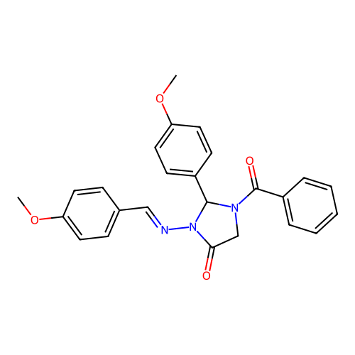 (E)-1-benzoyl-3-((4-methoxybenzylidene)amino)-2-(4-methoxyphenyl)imidazolidin-4-one structure
