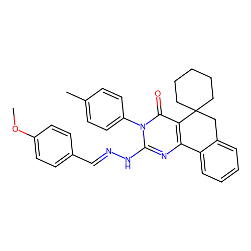 (E)-2-(2-(4-methoxybenzylidene)hydrazinyl)-3-(p-tolyl)-3H-spiro[benzo[h]quinazoline-5,1'-cyclohexan]-4(6H)-one structure