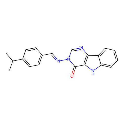 (E)-3-((4-isopropylbenzylidene)amino)-3H-pyrimido[5,4-b]indol-4(5H)-one structure