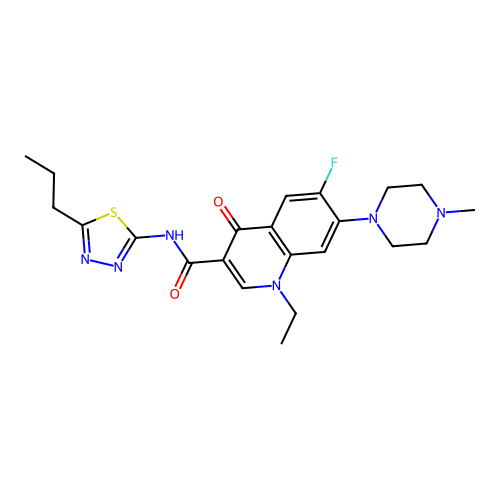 1-ethyl-6-fluoro-7-(4-methylpiperazin-1-yl)-4-oxo-N-(5-propyl-1,3,4-thiadiazol-2-yl)-1,4-dihydroquinoline-3-carboxamide structure