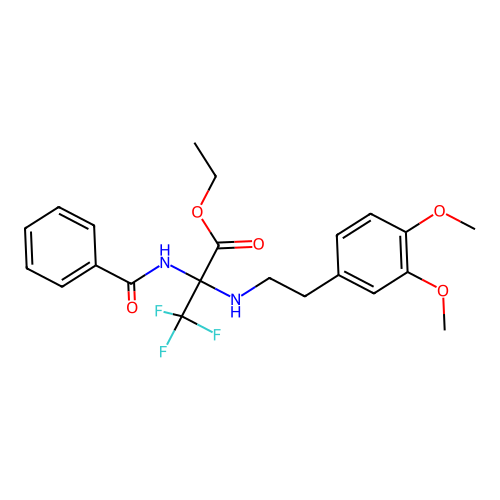Ethyl 2-benzamido-2-(3,4-dimethoxyphenethylamino)-3,3,3-trifluoropropionate structure