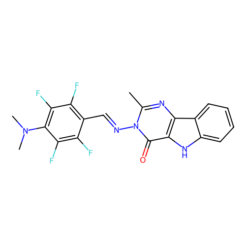 (E)-3-((4-(dimethylamino)-2,3,5,6-tetrafluorobenzylidene)amino)-2-methyl-3H-pyrimido[5,4-b]indol-4(5H)-one structure