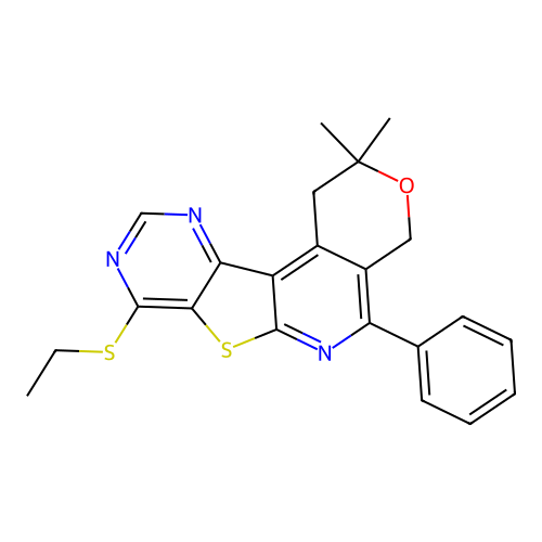 8-(ethylsulfanyl)-2,2-dimethyl-5-phenyl-1,4-dihydro-2H-pyrano[4'',3'':4',5']pyrido[3',2':4,5]thieno[3,2-d]pyrimidine structure