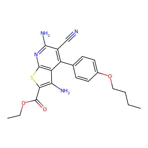 Ethyl 3,6-diamino-4-(4-butoxyphenyl)-5-cyanothieno[2,3-b]pyridine-2-carboxylate structure