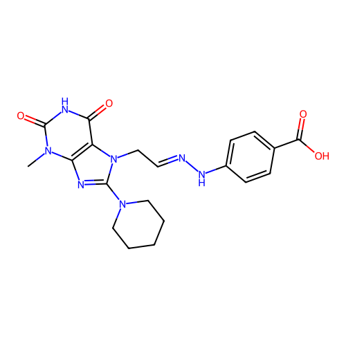 4-[(2E)-2-[2-(3-Methyl-2,6-dioxo-8-piperidin-1-ylpurin-7-yl)ethylidene]hydrazinyl]benzoic acid structure