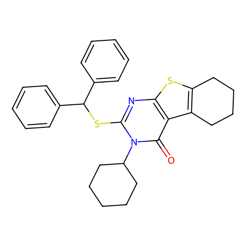 2-benzhydrylsulfanyl-3-cyclohexyl-5,6,7,8-tetrahydro-[1]benzothiolo[2,3-d]pyrimidin-4-one structure
