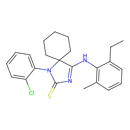 (Z)-1-(2-chlorophenyl)-4-((2-ethyl-6-methylphenyl)imino)-1,3-diazaspiro[4.5]decane-2-thione structure