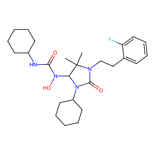 3-cyclohexyl-1-(3-cyclohexyl-1-(2-fluorophenethyl)-5,5-dimethyl-2-oxoimidazolidin-4-yl)-1-hydroxyurea structure