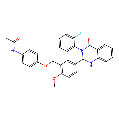 N-[4-({5-[3-(2-fluorophenyl)-4-oxo-1,2,3,4-tetrahydroquinazolin-2-yl]-2-methoxybenzyl}oxy)phenyl]acetamide structure
