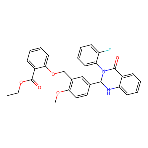 ethyl 2-((5-(3-(2-fluorophenyl)-4-oxo-1,2,3,4-tetrahydroquinazolin-2-yl)-2-methoxybenzyl)oxy)benzoate structure