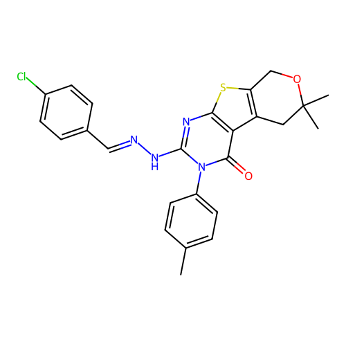 2-(2-(4-chlorobenzylidene)hydrazinyl)-6,6-dimethyl-3-(p-tolyl)-5,6-dihydro-3H-pyrano[4',3':4,5]thieno[2,3-d]pyrimidin-4(8H)-one structure