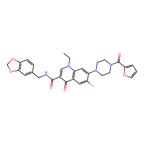 N-(1,3-benzodioxol-5-ylmethyl)-1-ethyl-6-fluoro-7-[4-(furan-2-carbonyl)piperazin-1-yl]-4-oxoquinoline-3-carboxamide structure