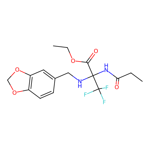 ethyl 2-[(1,3-benzodioxol-5-ylmethyl)amino]-3,3,3-trifluoro-N-propanoylalaninate structure