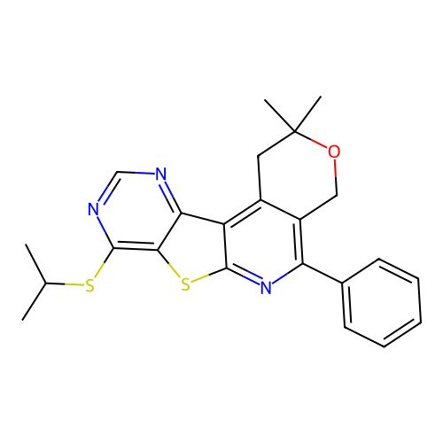 2,2-dimethyl-5-phenyl-8-(propan-2-ylsulfanyl)-1,4-dihydro-2H-pyrano[4'',3'':4',5']pyrido[3',2':4,5]thieno[3,2-d]pyrimidine structure