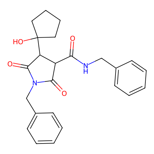 N,1-dibenzyl-4-(1-hydroxycyclopentyl)-2,5-dioxopyrrolidine-3-carboxamide structure