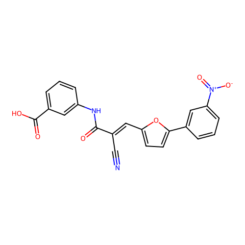 3-({(2E)-2-cyano-3-[5-(3-nitrophenyl)furan-2-yl]prop-2-enoyl}amino)benzoic acid structure