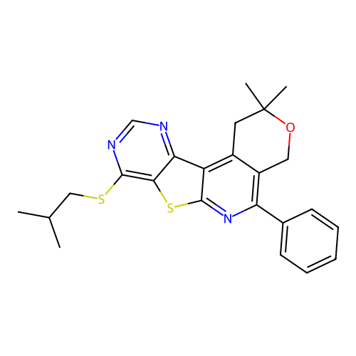 2,2-dimethyl-8-[(2-methylpropyl)sulfanyl]-5-phenyl-1,4-dihydro-2H-pyrano[4'',3'':4',5']pyrido[3',2':4,5]thieno[3,2-d]pyrimidine structure