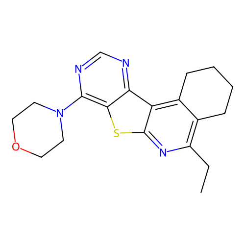 4-(5-ethyl-1,2,3,4-tetrahydropyrimido[4',5':4,5]thieno[2,3-c]isoquinolin-8-yl)morpholine structure