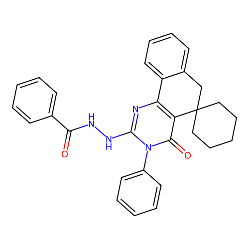 N'-(4-oxo-3-phenyl-4,6-dihydro-3H-spiro[benzo[h]quinazoline-5,1'-cyclohexan]-2-yl)benzohydrazide structure