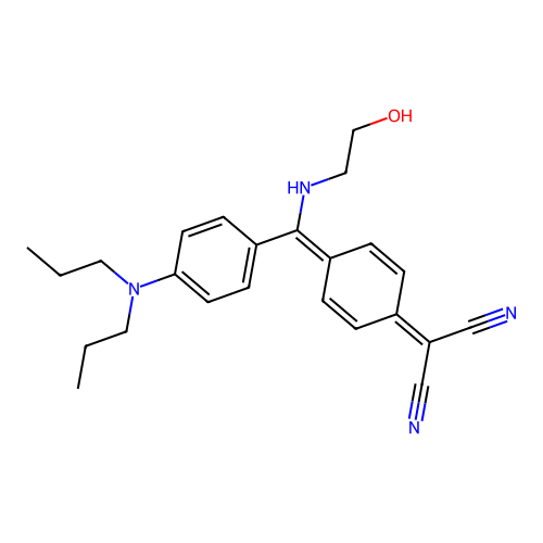 2-(4-((4-(dipropylamino)phenyl)((2-hydroxyethyl)amino)methylene)cyclohexa-2,5-dien-1-ylidene)malononitrile structure