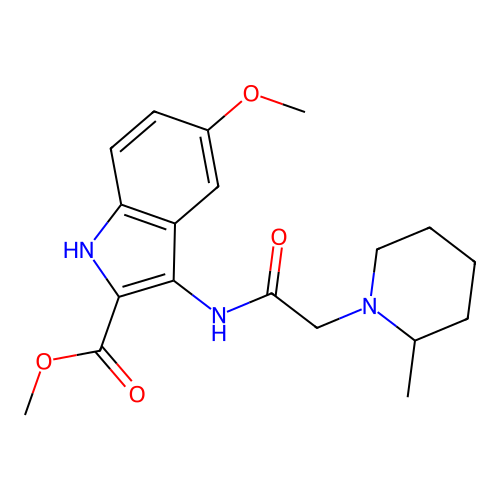methyl 5-methoxy-3-(2-(2-methylpiperidin-1-yl)acetamido)-1H-indole-2-carboxylate structure