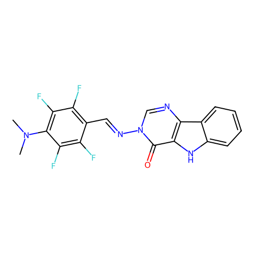 (E)-3-((4-(dimethylamino)-2,3,5,6-tetrafluorobenzylidene)amino)-3H-pyrimido[5,4-b]indol-4(5H)-one structure