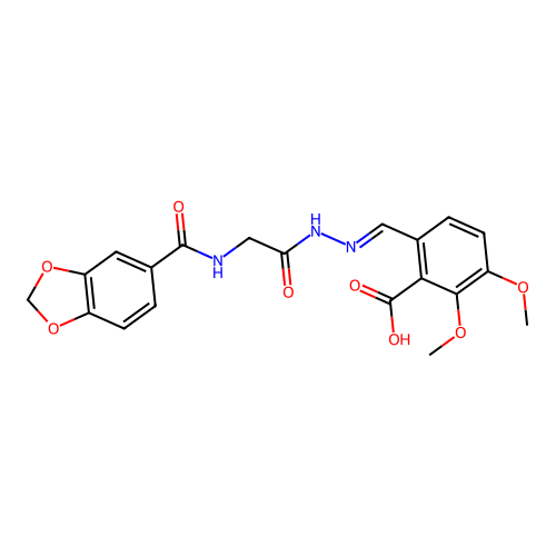 (E)-6-((2-(2-(benzo[d][1,3]dioxole-5-carboxamido)acetyl)hydrazono)methyl)-2,3-dimethoxybenzoic acid structure