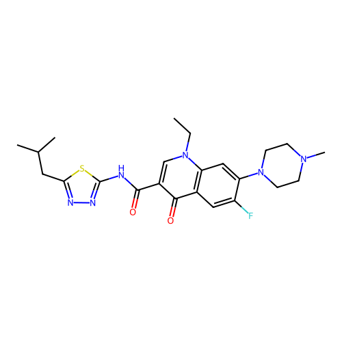 1-Ethyl-6-fluoro-7-(4-methyl-piperazin-1-yl)-4-oxo-1,4-dihydro-quinoline-3-carboxylic acid  (5-isobutyl-[1,3,4]thiadiazol-2-yl)-amide structure