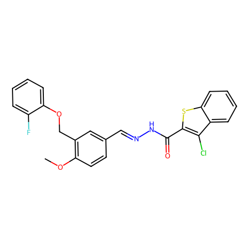(E)-3-chloro-N'-(3-((2-fluorophenoxy)methyl)-4-methoxybenzylidene)benzo[b]thiophene-2-carbohydrazide structure