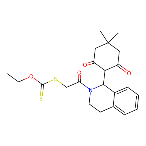 Dithiocarbonic acid {2-[1-(4,4-dimethyl-2,6-dioxo-cyclohexyl)-3,4-dihydro-1H-isoquinolin-2-yl]-2-oxo-ethyl} ester ethyl ester structure