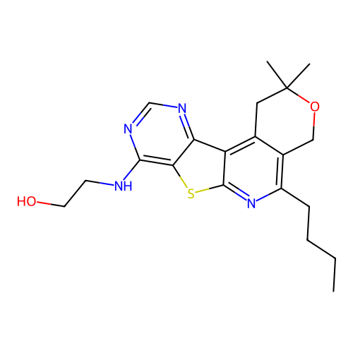 2-((5-butyl-2,2-dimethyl-2,4-dihydro-1H-pyrano[4'',3'':4',5']pyrido[3',2':4,5]thieno[3,2-d]pyrimidin-8-yl)amino)ethanol structure