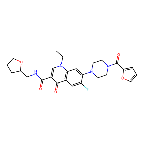 1-ethyl-6-fluoro-7-(4-(furan-2-carbonyl)piperazin-1-yl)-4-oxo-N-((tetrahydrofuran-2-yl)methyl)-1,4-dihydroquinoline-3-carboxamide structure