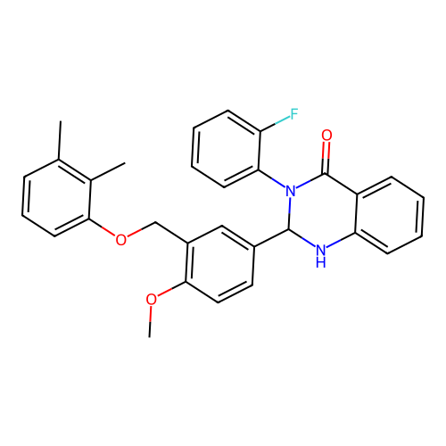 2-(3-((2,3-dimethylphenoxy)methyl)-4-methoxyphenyl)-3-(2-fluorophenyl)-2,3-dihydroquinazolin-4(1H)-one structure