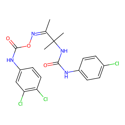 (Z)-1-(4-chlorophenyl)-3-(3-((((3,4-dichlorophenyl)carbamoyl)oxy)imino)-2-methylbutan-2-yl)urea structure