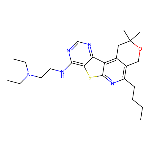 N'-(5-butyl-2,2-dimethyl-1,4-dihydro-2H-pyrano[4'',3'':4',5']pyrido[3',2':4,5]thieno[3,2-d]pyrimidin-8-yl)-N,N-diethylethane-1,2-diamine structure