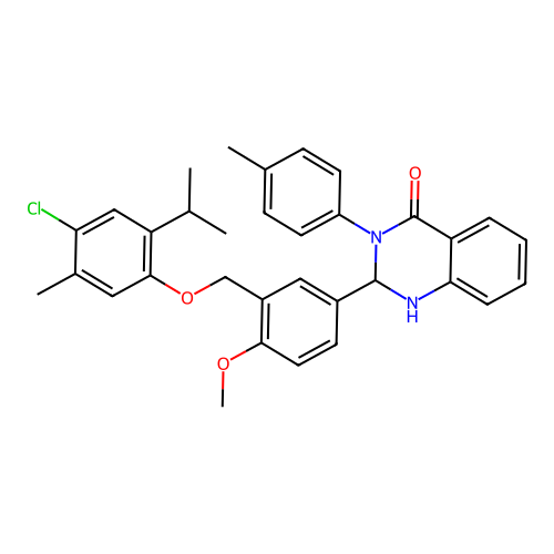 2-(3-{[4-chloro-5-methyl-2-(propan-2-yl)phenoxy]methyl}-4-methoxyphenyl)-3-(4-methylphenyl)-2,3-dihydroquinazolin-4(1H)-one structure