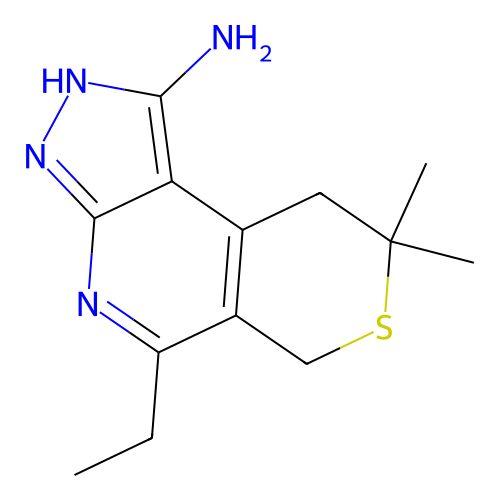 5-ethyl-8,8-dimethyl-3,6,8,9-tetrahydropyrazolo[3,4-b]thiopyrano[4,3-d]pyridin-1-amine structure