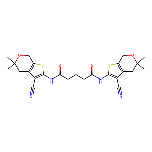 N,N'-bis(3-cyano-5,5-dimethyl-4,7-dihydro-5H-thieno[2,3-c]pyran-2-yl)pentanediamide structure