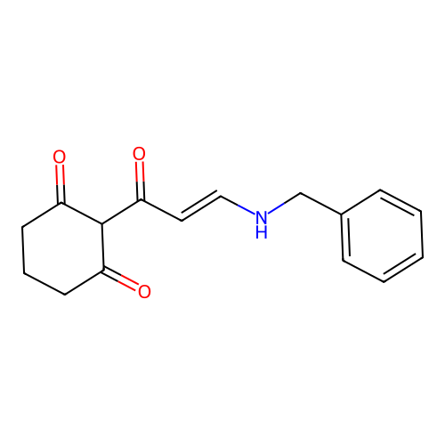 (E)-2-(3-(benzylamino)acryloyl)cyclohexane-1,3-dione structure