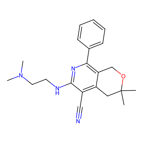 6-((2-(dimethylamino)ethyl)amino)-3,3-dimethyl-8-phenyl-3,4-dihydro-1H-pyrano[3,4-c]pyridine-5-carbonitrile structure