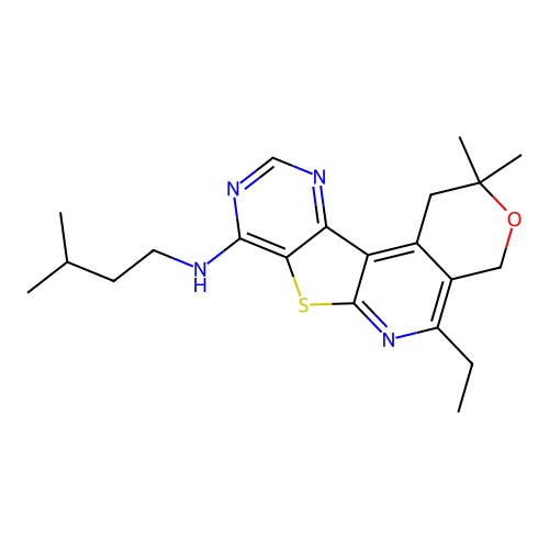 5-ethyl-2,2-dimethyl-N-(3-methylbutyl)-1,4-dihydro-2H-pyrano[4'',3'':4',5']pyrido[3',2':4,5]thieno[3,2-d]pyrimidin-8-amine structure