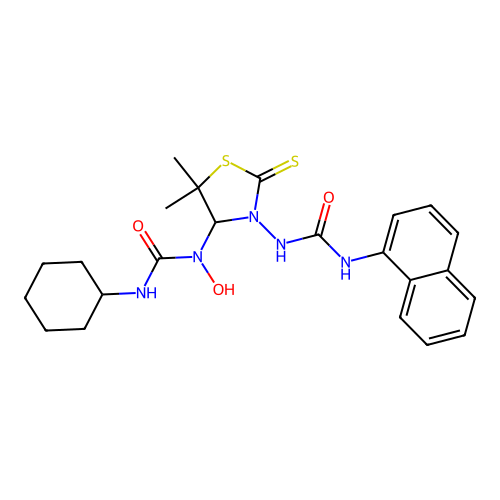 3-cyclohexyl-1-(5,5-dimethyl-3-(3-(naphthalen-1-yl)ureido)-2-thioxothiazolidin-4-yl)-1-hydroxyurea structure