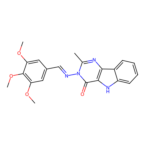 (E)-2-methyl-3-((3,4,5-trimethoxybenzylidene)amino)-3H-pyrimido[5,4-b]indol-4(5H)-one structure