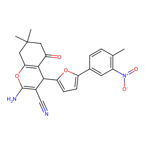 2-amino-7,7-dimethyl-4-(5-(4-methyl-3-nitrophenyl)furan-2-yl)-5-oxo-5,6,7,8-tetrahydro-4H-chromene-3-carbonitrile structure