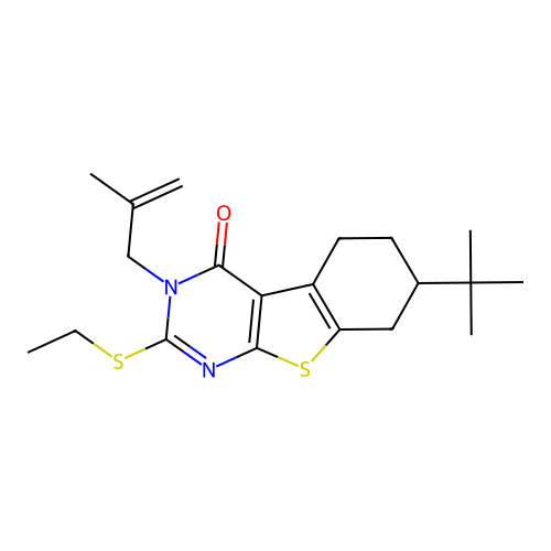 7-(tert-butyl)-2-(ethylthio)-3-(2-methylallyl)-5,6,7,8-tetrahydrobenzo[4,5]thieno[2,3-d]pyrimidin-4(3H)-one structure