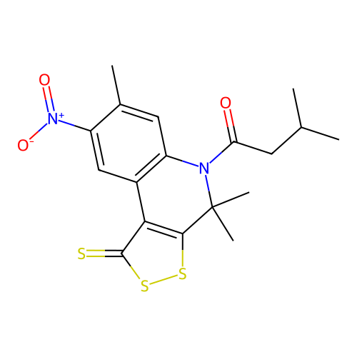 3-methyl-1-(4,4,7-trimethyl-8-nitro-1-sulfanylidenedithiolo[3,4-c]quinolin-5-yl)butan-1-one structure