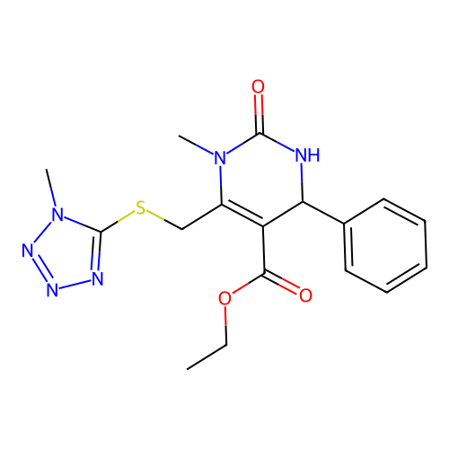 1-Methyl-6-(1-methyl-1H-tetrazol-5-ylsulfanylmethyl)-2-oxo-4-phenyl-1,2,3,4-tetrahydro-pyrimidine-5-car boxylic acid ethyl ester structure