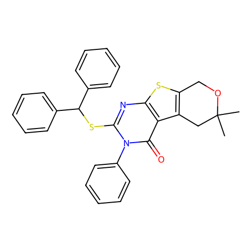 2-(benzhydrylthio)-6,6-dimethyl-3-phenyl-5,6-dihydro-3H-pyrano[4',3':4,5]thieno[2,3-d]pyrimidin-4(8H)-one structure